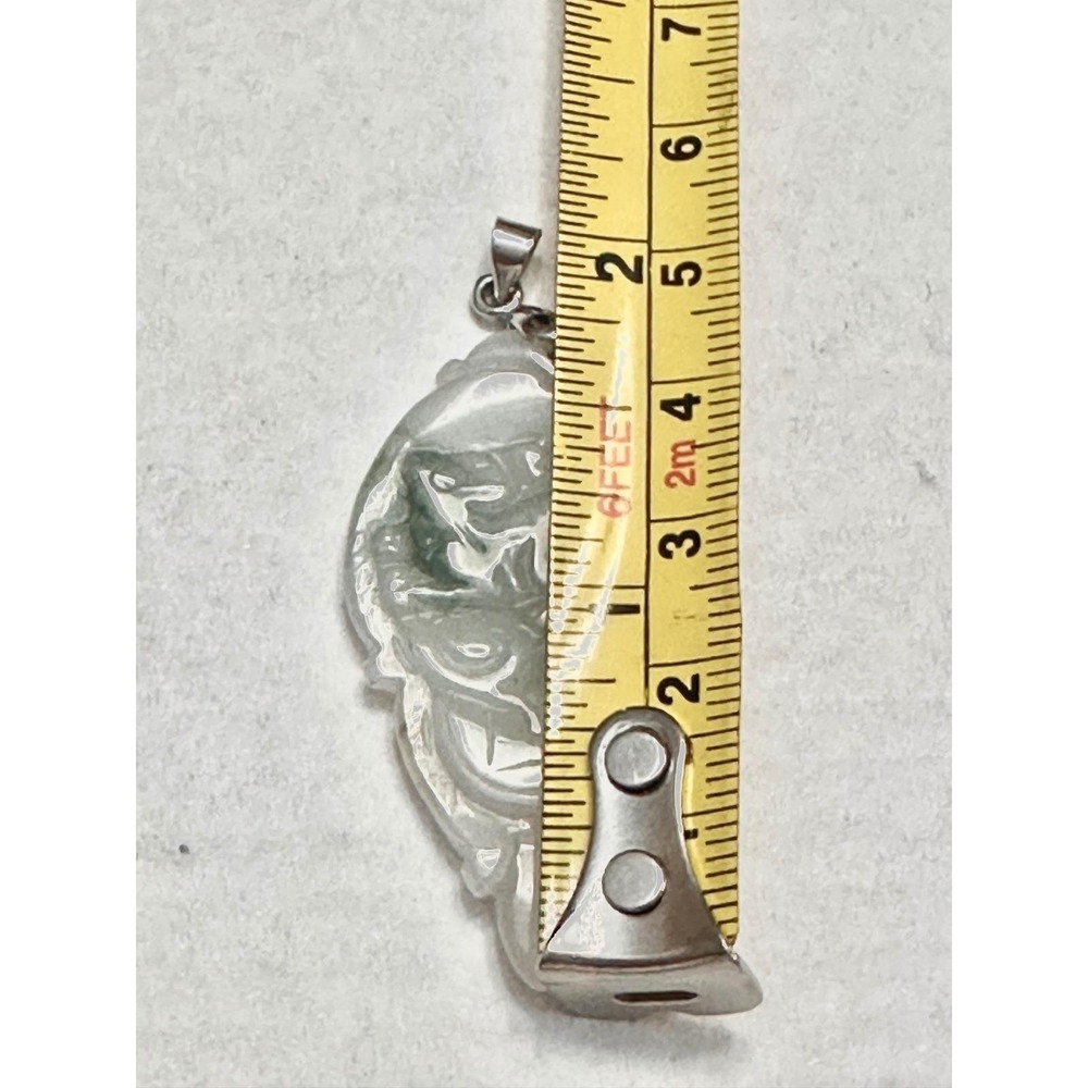 18K GP White Gold Carved Icy White Green Jadeite Jade Dragon Ruyi Pendant 4.5cm - Picture 11 of 15